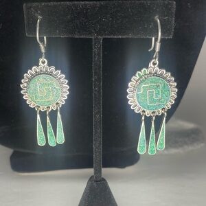 Vintage Sterling Silver Alpaca Dangle Earrings with Turquoise Inlay